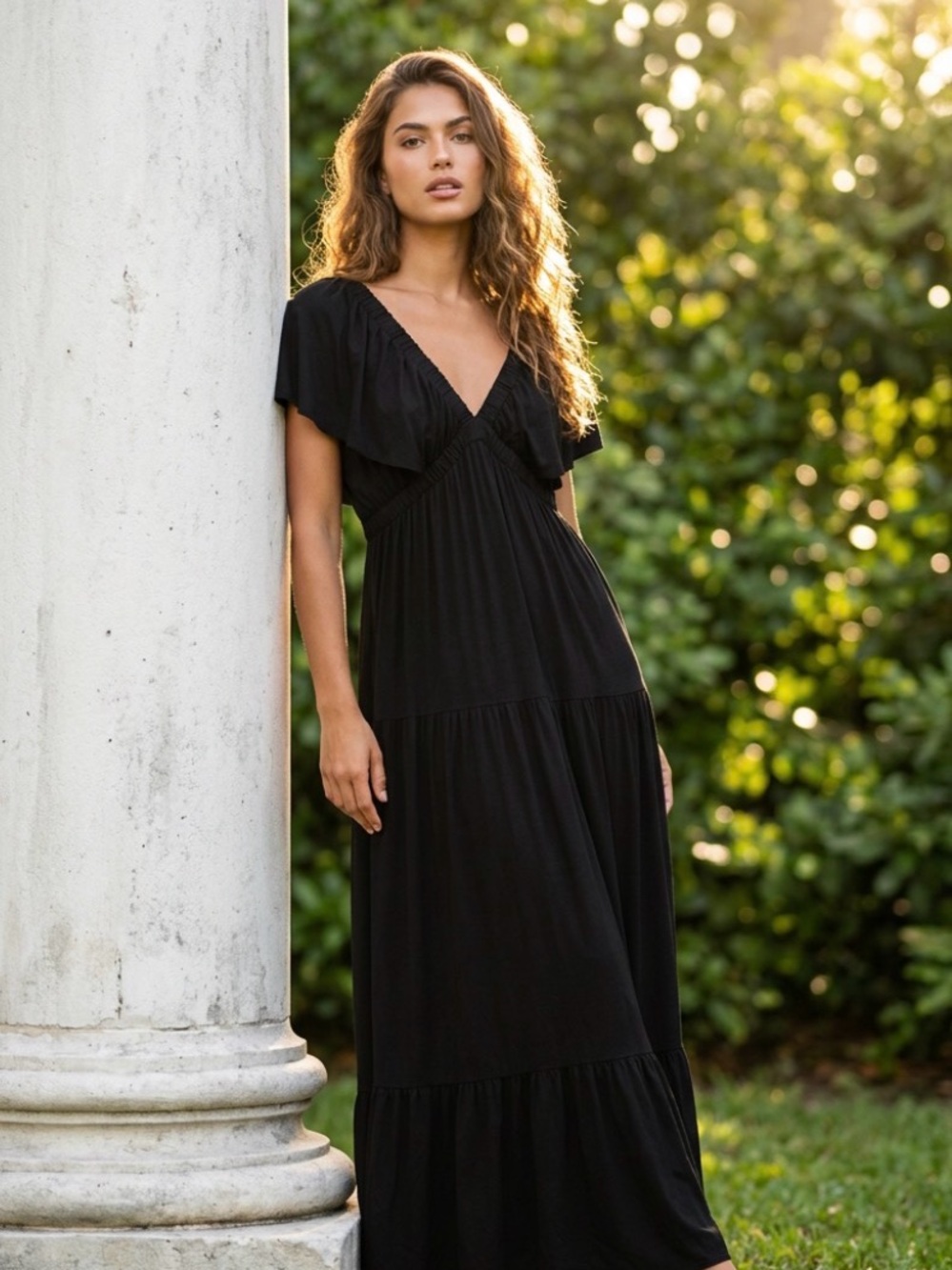 Three Bird Nest Black Backless Maxi Dress with V-Neck, Ruffle Detail PTP 19-26